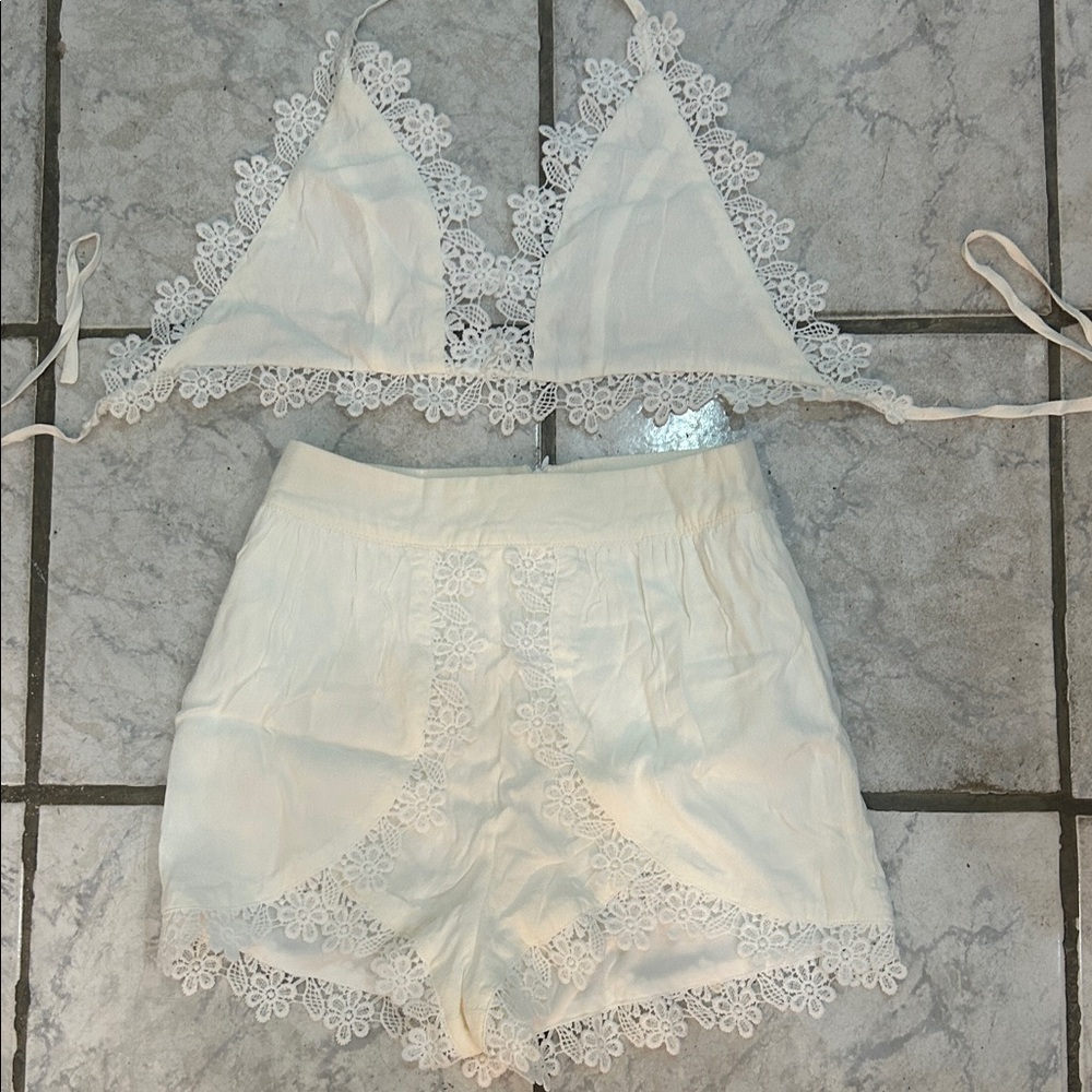 Lace Trim White Bralette and Shorts Set